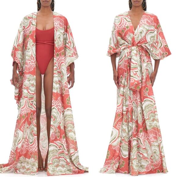 ANDREA IYAMAH Gamba Abstract Mushroom Red and Green Kimono Robe Maxi Dress - Picture 2 of 12